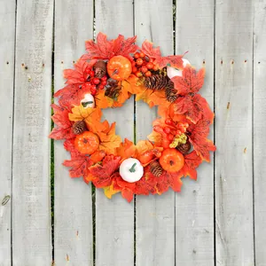 Artificial Thanksgiving Wreath With White Pumpkins Maple Leaves Pine Cones Autumn Harvest Door Window Home Wall Decoration