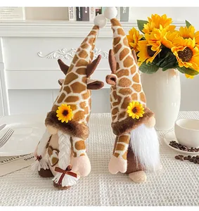 Detailed view of giraffe print plush gnomes with sunflowers in a cozy and warm home setting