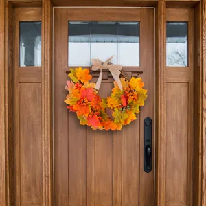 Φθινοπωρινό Τεχνητό Στεφάνι από Φύλλα Σφενδάμου Με Φιόγκο από Λινάτσα Βάση Ρατάν Μούρα Για Διακόσμηση Πόρτας Τοίχου Σπίτι