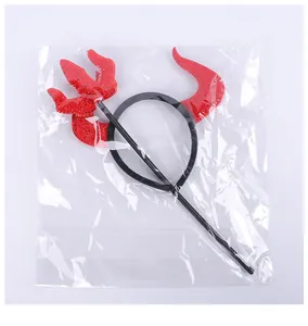 Serre-tête cornes de diable rouge pailleté et trident dans un emballage plastique