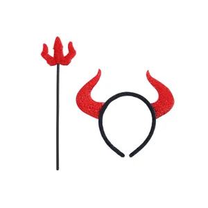Serre-tête cornes de diable rouges pailletées avec fourche assortie pour Halloween