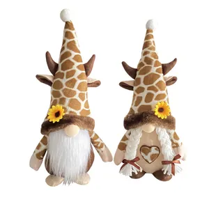 Pair of adorable sunflower gnomes featuring giraffe print hats for home decoration