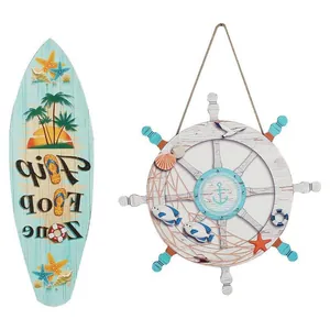 Juego de placas de madera náuticas, tabla de surf y timón para decorar casas de playa