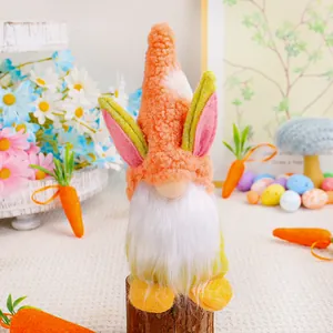 Adorable Easter gnome with bunny ears sitting on wood stump for table decor