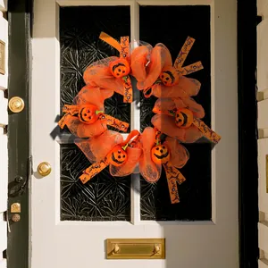 Halloween Kürbis Kranz Orange Netz Schleife Girlande Mit Jack O'Lantern Gesichtern Für Haustür Home Party Deko Gruselig Wandornament