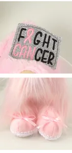 Close-up detail of pink awareness gnome with Fight Cancer patch and bow shoes