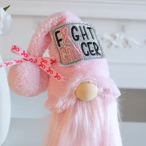 Handmade pink breast cancer awareness gnome plush with embroidered Fight Cancer patch