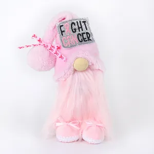 Cute pink breast cancer awareness plush gnome doll with long beard and ribbon hat