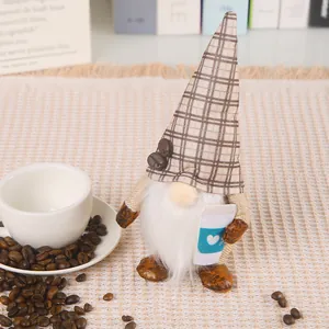 Coffee-themed faceless gnome plush doll with checkered hat for home decor