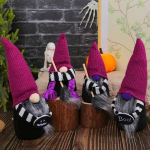 Halloween Zwerg Dekorationen Lila Strickmütze Gesichtlose Puppe Mit Hexenbesen Kürbis Boo Schild Für Tisch Deko Party Geschenke