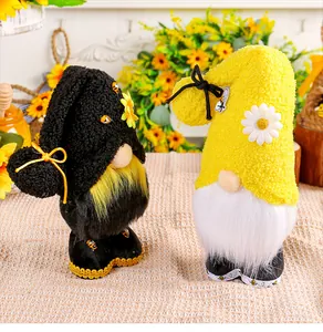 Pair of decorative Bee Day faceless gnomes featuring yellow sunflowers and adorable bee motifs