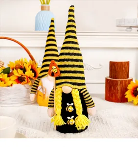 Adorable Bee Festival gnomes with striped hats and cute bee accents in a sunny home setting
