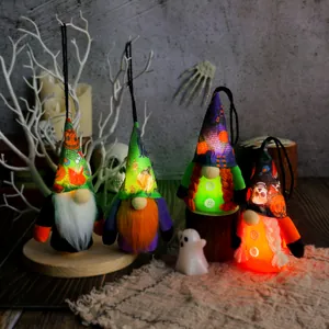 Set of 4 glowing Halloween gnomes with spooky skull pumpkin patterns and hanging loops