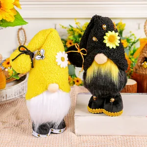 Pair of standing bee festival gnome plush dolls with sunflower and daisy accents