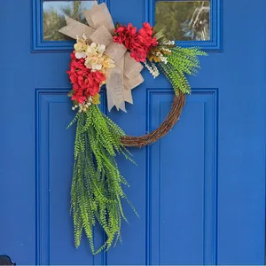 Farmhouse Rustic Artificial Wreath Red Hydrangea Green Fern Leaf Burlap Bow Door Hanging Wreath Home Wall Decor