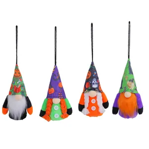Set of 4 cute Halloween hanging gnome plush ornaments with pumpkin and skull hat patterns