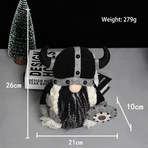 Viking warrior gnome plush doll with dimension labels, 26cm tall, black and grey.