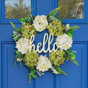 Ghirlanda di ortensie finte con scritta hello in legno per porta d'ingresso e parete