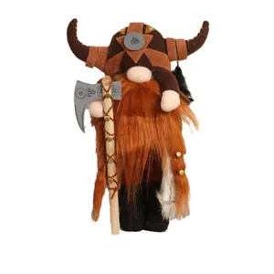 Handmade Viking warrior gnome plush doll with long orange beard holding a wooden axe