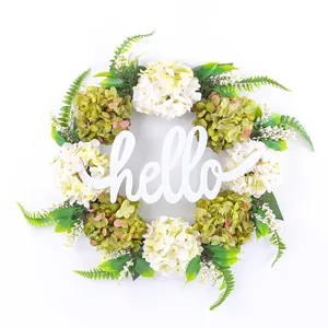 Ghirlanda di ortensie artificiali con scritta Hello per decorazione porte e pareti