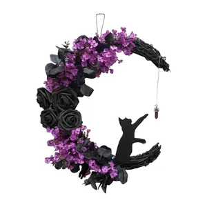 Gothic Halloween moon wreath featuring black roses, purple flowers, and a cat silhouette.