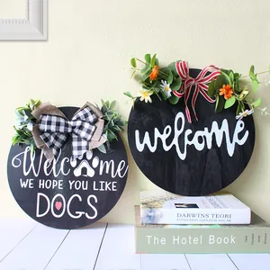 Round Wooden Welcome Sign Door Hanging Decor We Hope You Like Dogs Floral Wreath Wood Plate Farmhouse Porch Wall Decoration