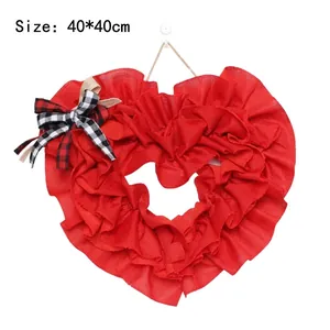 Red Heart Shaped Burlap Wreath With Plaid Bow Ruffled Cloth Wall Hanging Ornament For Valentine Day Wedding Party Home Decor