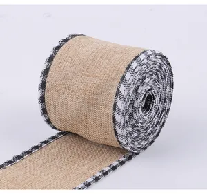 Detailed close-up of natural burlap ribbon roll with black and white checkered edges