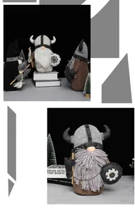 Detalle de un gnomo vikingo de peluche con casco gris, barba de lana y un escudo pequeño