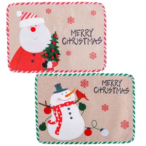 Festive Christmas burlap placemats with embroidered Santa Claus and Snowman designs