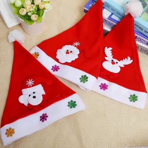 Festive LED Christmas hats for kids with Santa and reindeer motifs in soft red felt fabric