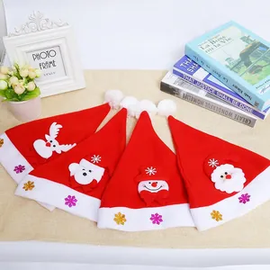 Set of 4 plush red Christmas hats with cute Santa, snowman, and reindeer characters.
