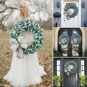 Farmhouse Artificial Lamb's Ear Wreath Striped Fabric Bow Flocked Eucalyptus Leaves Garland Front Door Wall Home Decor