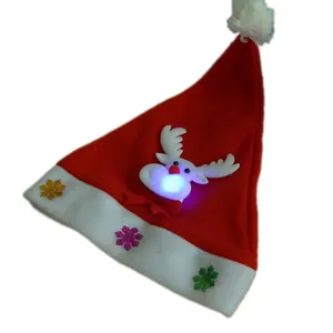 Glowing red plush Christmas hat with LED reindeer design for holiday kids party decorations