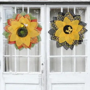 Couronne de Tournesols Artificiels Rustique Plaid Abeille Ornement pour Jour de l'Abeille Pâques Festival Maison Porte Mur Décor