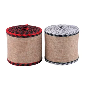 Two rolls of natural burlap ribbon with red and white checkered edges for Christmas.