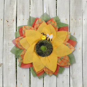 Couronne de tournesol rustique en toile de jute avec abeille pour décoration murale