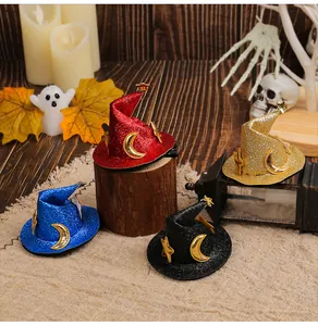 Decorative sparkly mini Halloween witch hat hair clips in multiple vibrant colors