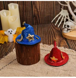 Detail view of sparkly blue and red mini witch hats for Halloween DIY headwear