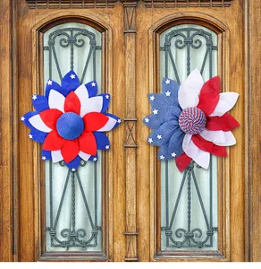 Patriotic flower-shaped wreaths in red white and blue for Independence Day door decor