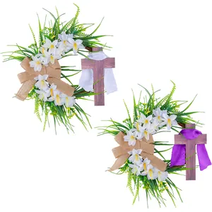 Couronne de Pâques faite main avec croix en bois lis et rubans en soie pour porte