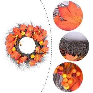 Autumn harvest wreath featuring maple leaves and pumpkins for Thanksgiving decor