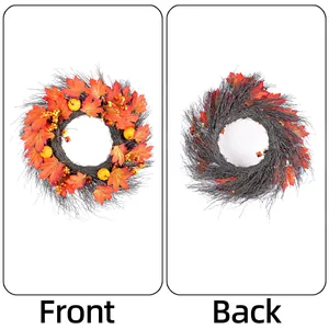 Autumn wreath with pumpkins and maple leaves for Harvest Festival Thanksgiving door decor