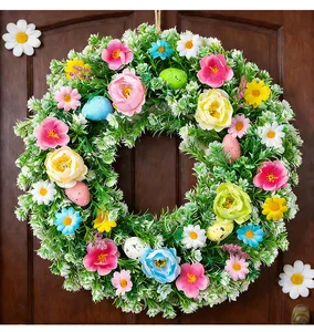 Close-up detail of a vibrant Easter wreath with colorful flowers and speckled eggs.