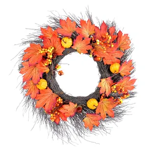 Autumn harvest wreath featuring orange maple leaves and yellow pumpkins for front door decor