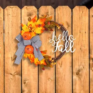 Artificial Fall Wreath For Front Door Decoration Maple Leaf Pumpkin Hello Fall Sign Twig Grapevine Thanksgiving Wreath
