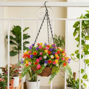 Panier de Fleurs Artificielles Suspendu Avec Doublure en Fibre de Coco Chaîne en Métal Style Pastoral Fleurs Artificielles Multicolores pour Jardin Mur