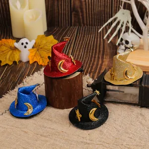 Halloween Mini Witch Hat Hair Clips Glitter Sequined Wizard Hat Hairpin With Gold Moon Star For Women Girls Party Headwear