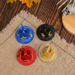 Set of four glittery Halloween witch hat hair clips in blue, black, red, and gold.