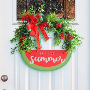 Summer watermelon wreath door hanger with artificial flowers and Hello Summer sign